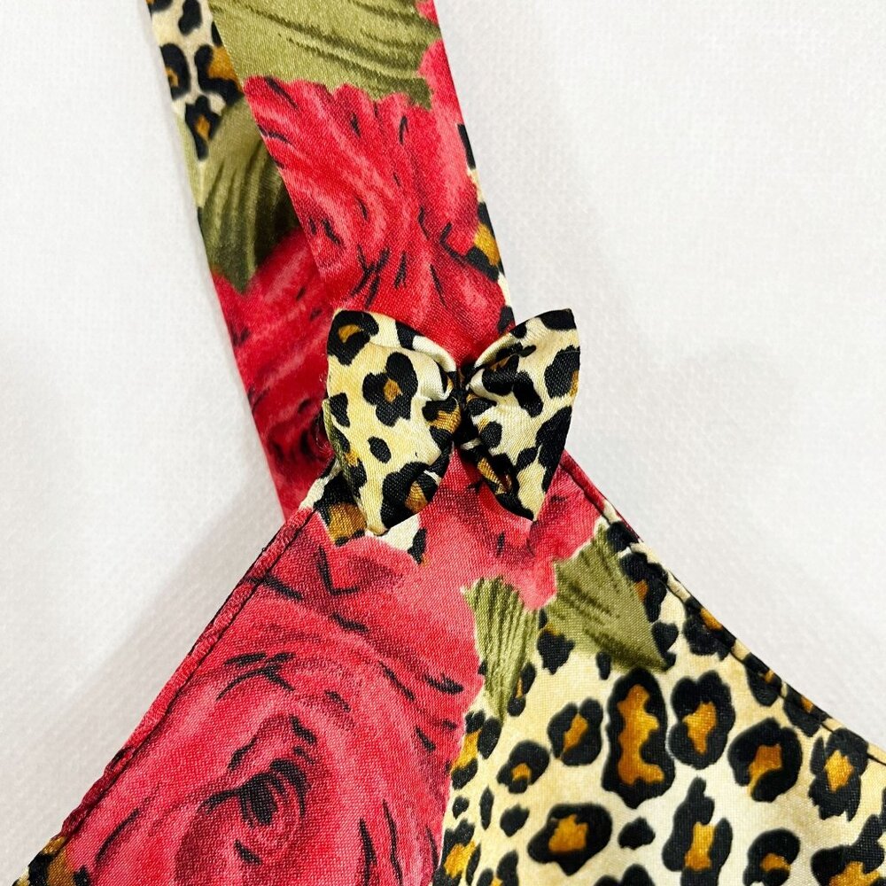 Vintage Leopard Floral Satin Mini Slip Dress Bow Scoop Neck Y2K‎ 90s Size Small - Picture 3 of 8